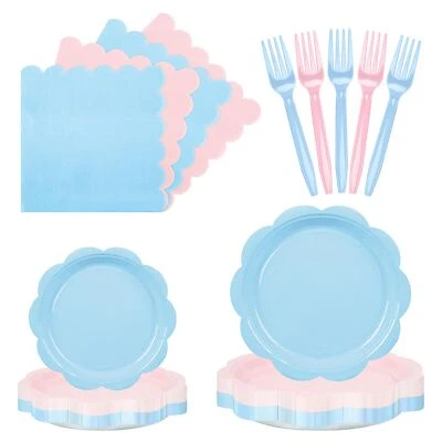 96 Pcs Baby Gender Reveal Scalloped Plates and Napkins Set Party SuppliesTabl... - Image 1 of 4