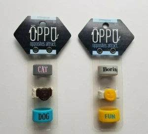 2 Sets Oppo Ringe Gegensätze KATZE/HUND LANGWEILIG/LUSTIG Emoji Gummi/Silikon Spaß Schmuck - Bild 1 von 6