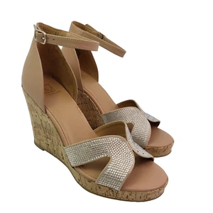 Material Girl Bretta Womens Size 9.5 Nude Bling Open Toe Cork Wedge Sandal Shoes - Picture 1 of 14