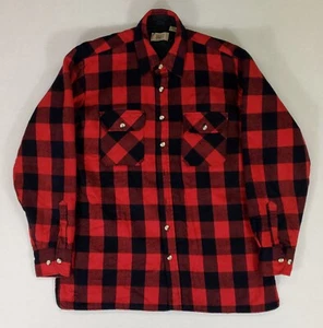 Sears VTG 70s 80s Quilted Shirt Jacket Black Red Buffalo Check Mens L Tall - Picture 1 of 9