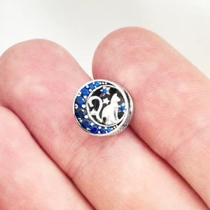 Cat In Moon Stars Charm Bead Animal Pet Blue Genuine 925 Sterling Silver Gift - Picture 1 of 6