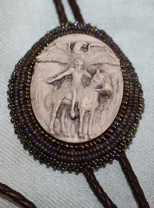 Carved Man, Eagle & Horse LARIAT, Beaded Border, Adjustable Leather - Picture 1 of 12