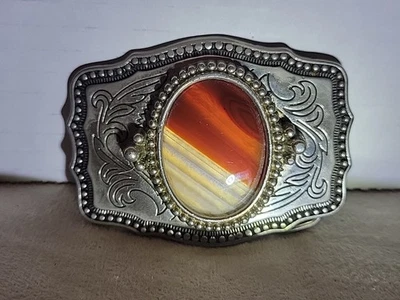 Hebilla de cinturón de metal plateado y negro de 3" con piedra de ágata estilo occidental  Foto 1 de 4