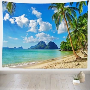 Ocean Beach Tapestry 80Wx60H Inch Tropical Seaside Island Palm Tree Waves Wal... - Picture 1 of 8