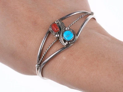 6.5" Navajo turquoise and coral sterling cuff bracelet - Image 1 of 4