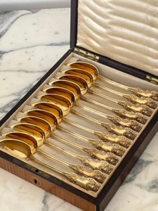 Antique French Vermeil Silver Spoons Minerva Mark Régence Style Set Of 12 - Picture 1 of 11