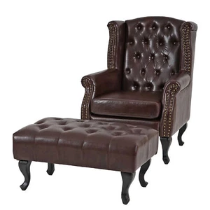 Sessel Clubsessel Chesterfield Oxford Kunstleder, antik-braun mit Ottomane - Bild 1 von 7