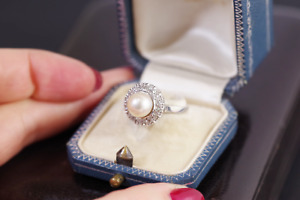 Bague Art Deco perle en or 18k et platine, bague ancienne, perle de culture