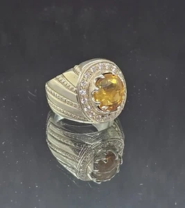 Men's Pure Silver Ring Yellow Citrine Stone & Diamond - Picture 1 of 9