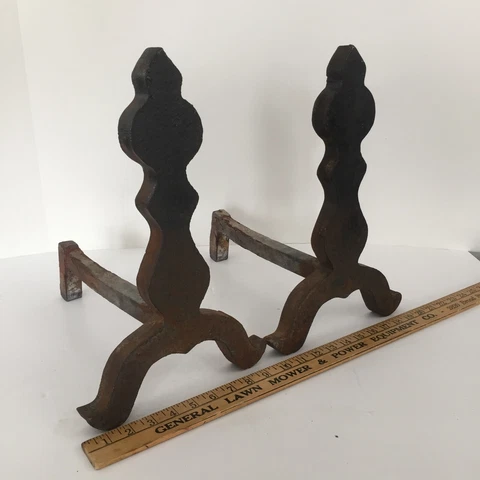Antique Cast Iron Andirons - Mission / Arts and Crafts / Keyhole  Fire Dogs Cover