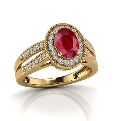 1.22Ct Lab Created Pink Ruby & Real Diamond Halo Solitaire Wedding Ring 10K Gold - Image 1 of 4