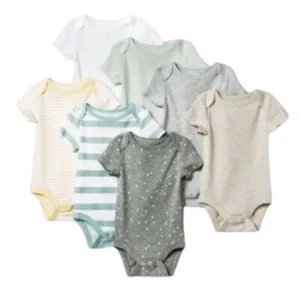 Newborn Baby Girl Boy Bodysuit Short Sleeve 7 Pack Lot Pastel Stars Stripes - Picture 1 of 5