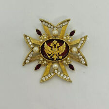 Regal Crest Heraldic Red Enamel Maltese Rhinestone Faux Pearl Brooch Pendant