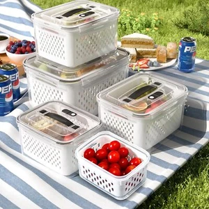 5 Pack Large Fruit Storage Containers for Fridge with vent holes and handle - Picture 1 of 6