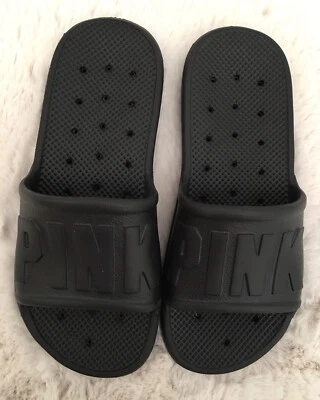 Victoria's Secret ROSA Slides Negro Correa Única Logo Sandalias Zapatillas Pequeñas NUEVO Foto 1 de 4