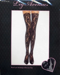 Leg Avenue 9762 Black Rose Lace Nylon Stockings w/Lace Top Women's One Size Reg - Picture 1 of 7