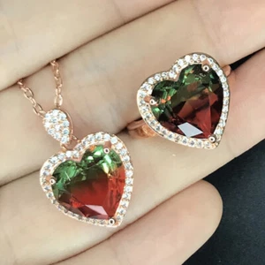 2pc Set Heart Shape Bi color Tourmaline Gems Charm Women Necklace Pendant Rings - Picture 1 of 6