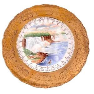 NIAGARA FALLS 7" SOUVENIR PLATE WIDE 22k GOLD FILIGREE BORDER BY M S PRODUCTS - Picture 1 of 5