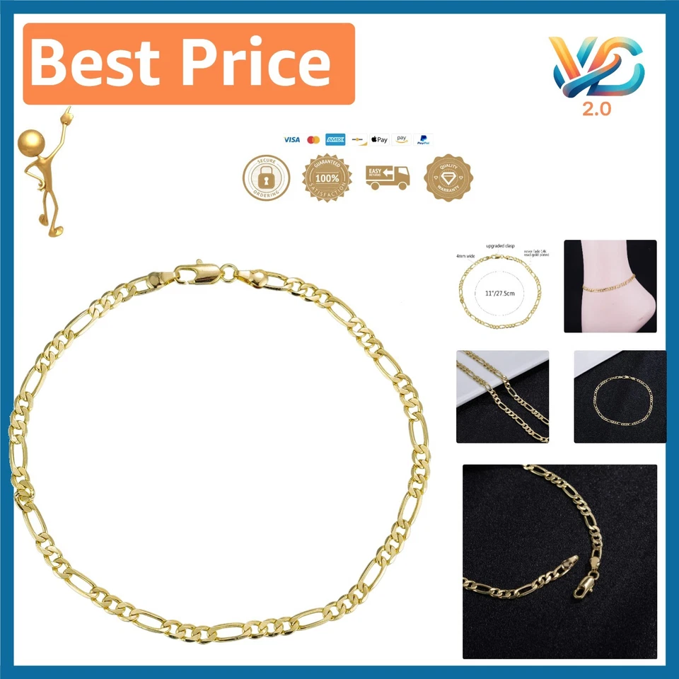 Elegant Cuban Link Gold Anklet with 4mm Figaro Chain - Adjustable Sizes - Image 1 of 4