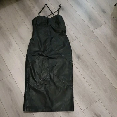 Sirocco Black Genuine Real Leather Midi Slip Dress Size 12 Fully Lined - image 1 of 4