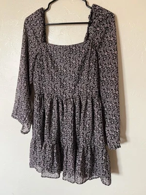 FOREVER 21 Womens Black Floral Lined Long Sleeve Square Neck Knee Length Dress M - Image 1 of 4