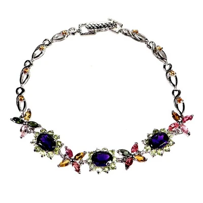 925 Sterling Silver Bracelet Oval Amethyst 8x6mm Tourmaline Gemstone Jewelry 7in - Image 1 of 4