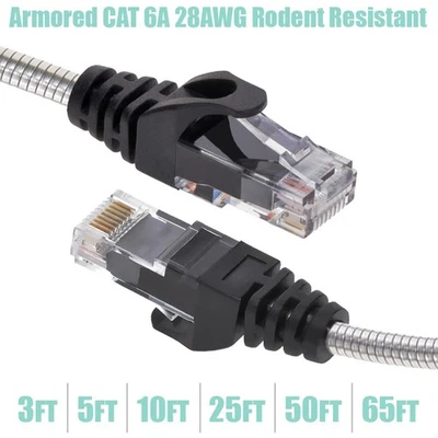 3-65FT Cat6A RJ45 Network Armored Slim Patch Cable Rodent Resistant 28AWG LOT - Image 1 of 4