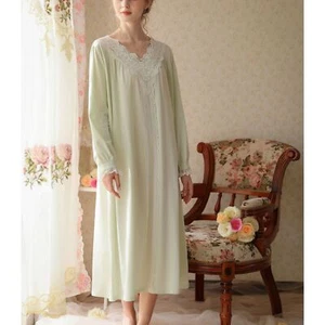 Women's Cotton Victorian Nightgown Long Sleeve V Neck Lace Princess Sleep Dress - Picture 1 of 13
