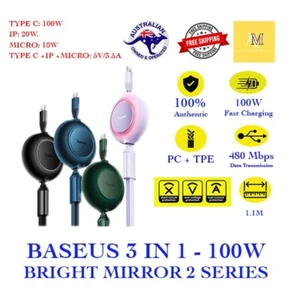 Baseus Bright Mirror 2 Type C - 3-in-1 Retractable 100W Fast Charging Cable 1.1m - Picture 1 of 59