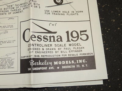 Berkeley Models Airplane Blueprints Plans 1948 Cessna 195 - Image 1 of 2