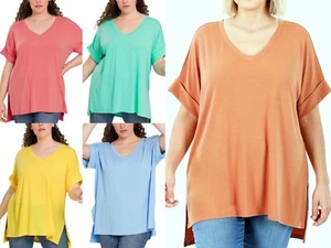 1X 2X 3X Women's V Neck Rolled Short Sleeve Rayon Top Loose Fit T Shirt Tunic - Picture 1 of 81