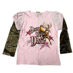 "Deer Huntin' Diva" Little Hunter Girls Pink & Camo Long Sleeve T-shirt - Picture 1 of 3