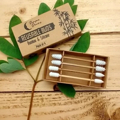 PAMPER DREAMS BOX OF 4 REUSABLE COTTON BUDS 4PC SILICON & BAMBOO ZERO WASTE BUDS MAKEUP BUDS