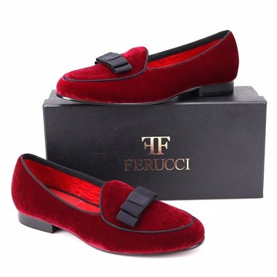 Men FERUCCI Burgundy Velvet Slippers Loafers Flat With Black Bow Wedding Prom
