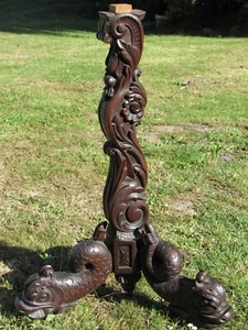 06I2 Antique Foot Furniture Pedestal Table Bolster Wood Carved Dolphins Napoleon - Picture 1 of 7