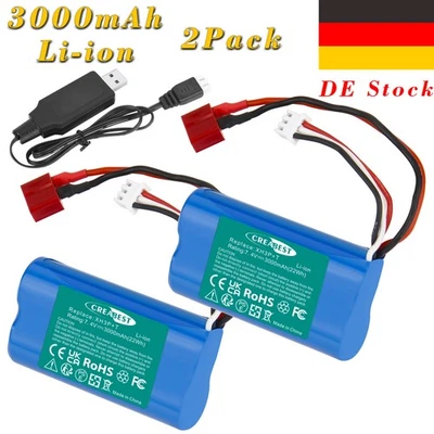 2Pcs 7,4V 3Ah Li-ion Akku T-Stecker mit USB Ladegerät für WLtoys 4WD RC Auto Car - Bild 1 von 4