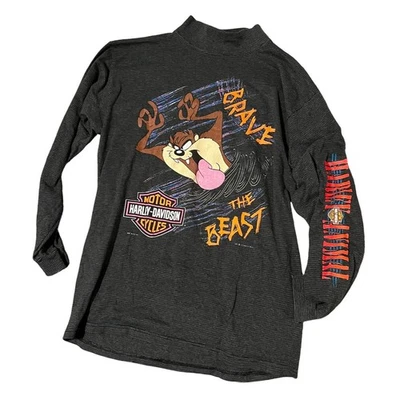 Винтажная рубашка Harley Davidson Taz «Храбрый зверь» с длинным рукавом и ложным вырезом - Изображение 1 из 4