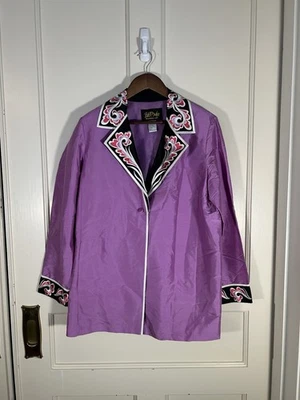 Blazer Bob Mackie de seda Art to Wear para mujer talla mediana púrpura negro clásico Foto 1 de 4