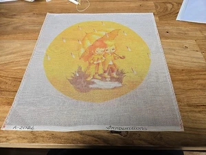 Needlepoint Canvas Vintage Bucilla 1970's Umbrella Children Yellow Retro - Picture 1 of 7