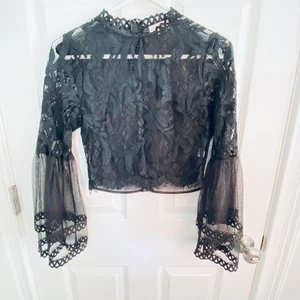 Goth Sheer Lace Crop top Womens Small Black Bell Sleeve Cropped Whimsigoth - Picture 1 of 5