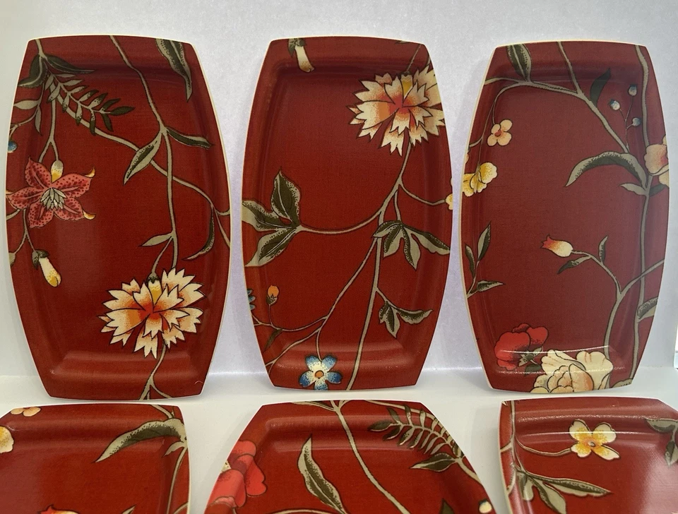 6 Deep Red Floral Plastic Match Mates Intl. Laminations Plates Boho Oriental - Image 1 of 4