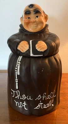 Vtg Friar Monk Cookie Jar “Thou Shall Not Steal” 1960s 12” Smiling w/Bible  MCM - Image 1 of 4