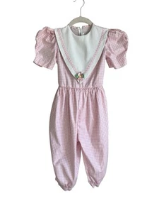 Peaches & Cream Girls Pink White Checkered Vintage Jumpsuit Romper SZ 6 Bow Back - Picture 1 of 4