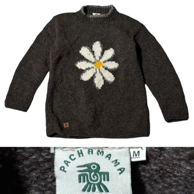 Suéter feminino vintage PACHAMAMA margarida feito à mão robusto malha flor lã tamanho médio - Imagem 1 de 4