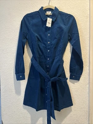Vestido camisero J Crew para mujer 0P cuello pana cinturón azul nuevo con etiquetas Foto 1 de 4