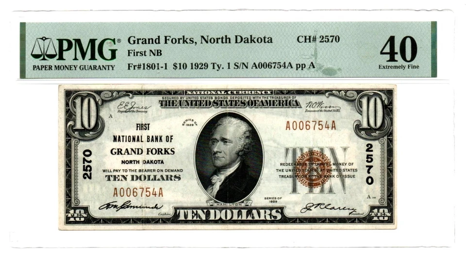 Grand Forks, ND - 1929 Ty. 1 First National Bank Ch. # 2570 PMG EF 40 - Image 1 of 2