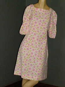 Vintage 60's pink & blue DAISIES print sheath dress PUFF SLEEVES S M mod hippy - Picture 1 of 14