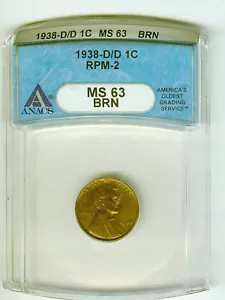 1938-D/D RPM-2 LINCOLN WHEAT CENT - ANACS MS-63BRN - FREE SHIPPING! - Picture 1 of 4