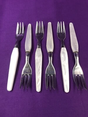 Gabeln 6 Stück Edelstahl - Griff aus Perlmuttschimmer weiß - Vintage - 17 cm - Bild 1 von 4