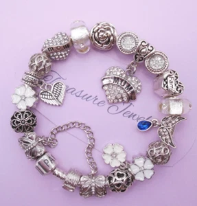 PANDORA SILVER BRACELET WHITE MOM MOTHER LOVE FAMILY HEART & EUROPEAN CHARMS! - Picture 1 of 6